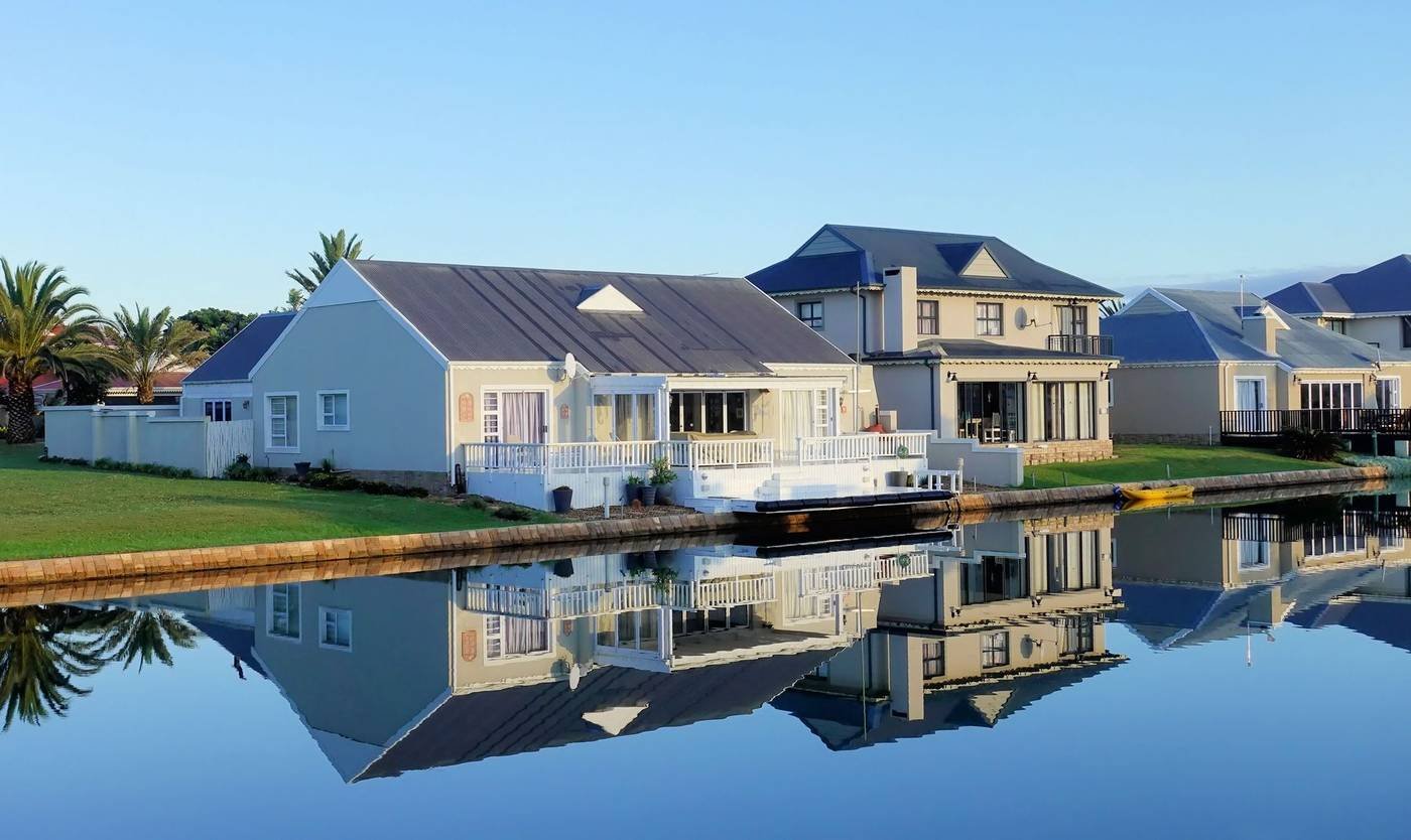 Florida canal-front homes at sunset