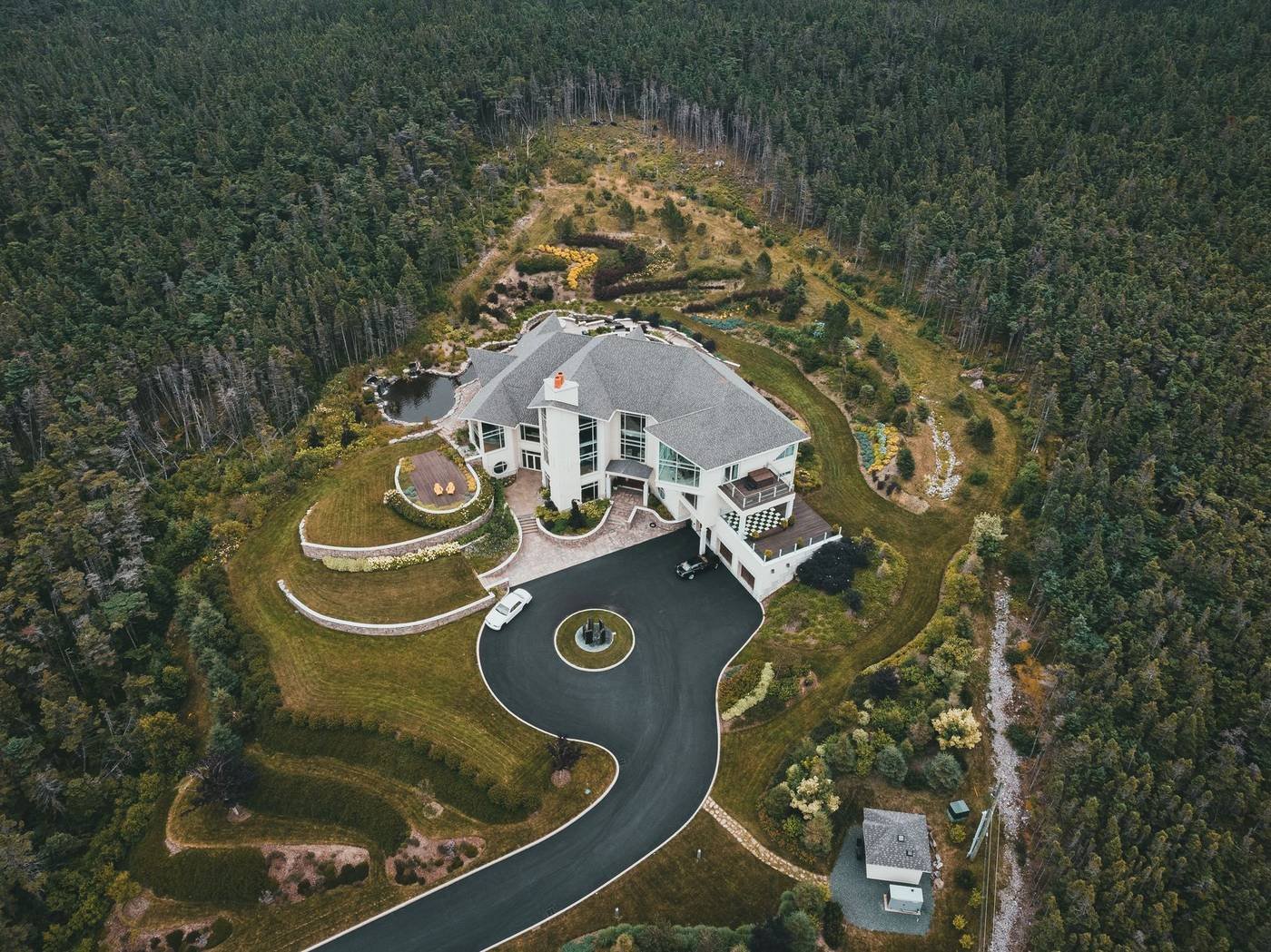 Aerial view of a private Florida lakefront estate